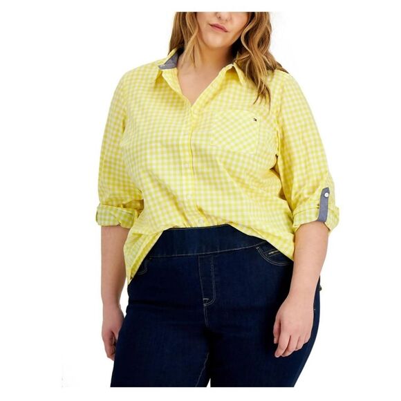 Tommy Hilfiger Yellow Gingham Cotton Blouse Button Top Plus Size 3X Lightweight - Picture 1 of 9